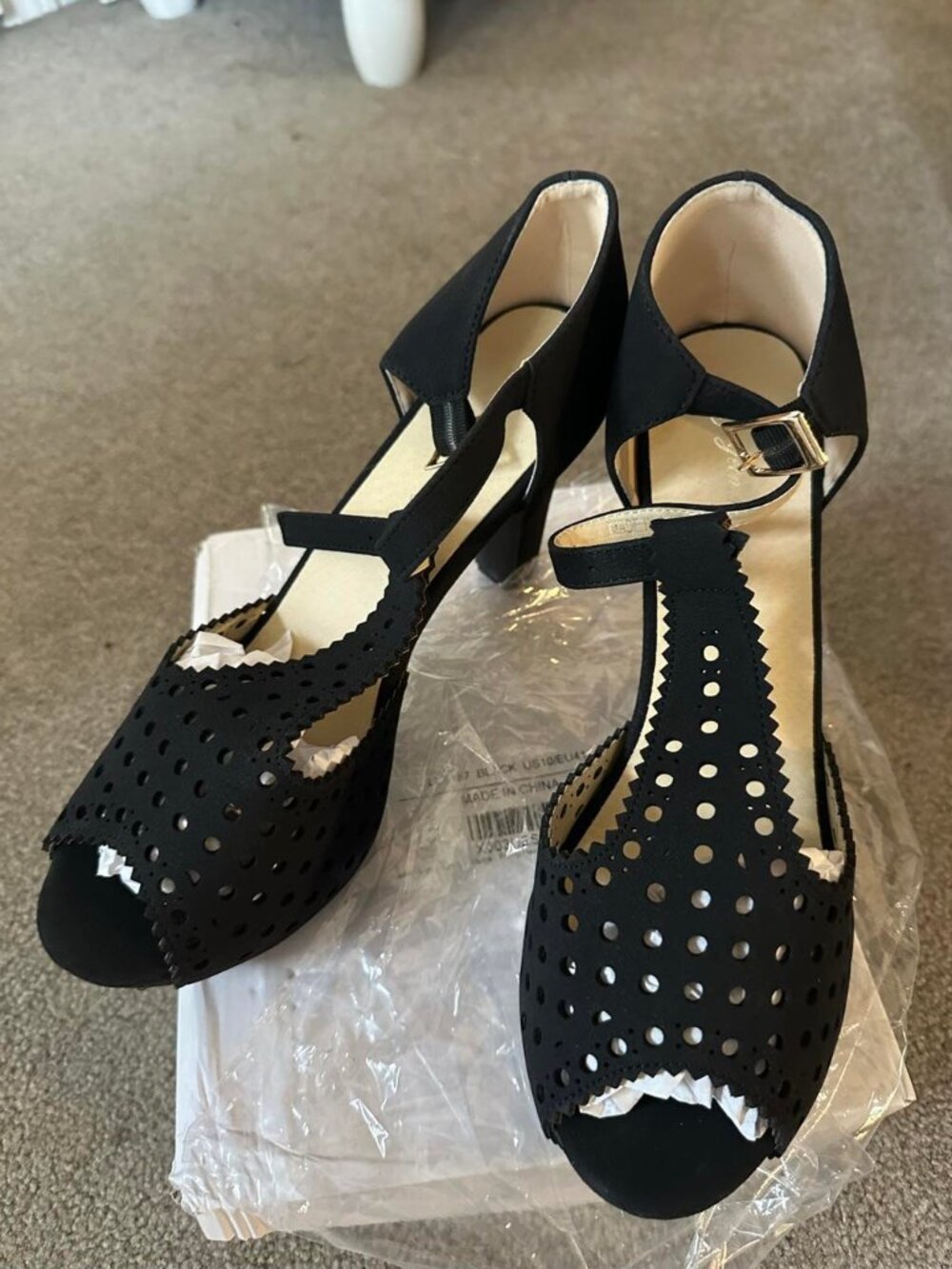 Vintage T-Strap Peep Toe Platform Heels Black Size 10 Gatsby PinUp - Picture 3 of 7